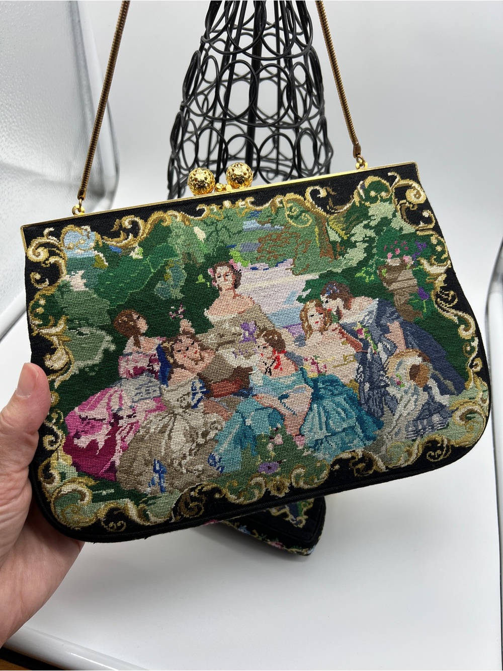 Vintage Tapestry Handbag & Matching Coin Purse Kiss Lock Gold Tone Chain - Picture 2 of 11